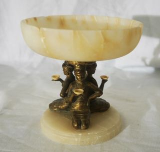 Heavy Quartz/stone Bowl With Bronze Figures On Base.  Chalice/cup Antique Rare