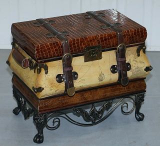 Small Vintage Style Luggage Trunk Chest Wrought Iron Base Map Detailing