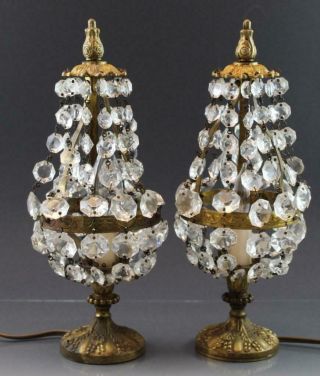 Pair C1920s French Gilt Bronze Patina Boudoir Lamps W/ Cut Crystal Glass Prisms