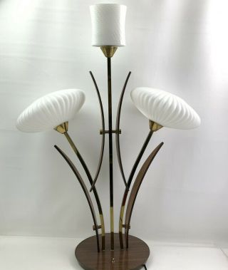 Vtg Mid Century Modern Danish 3 Glass Globe Tulip And Walnut Table Lamp Rare