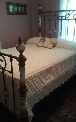 Antique Brass Bed,  With Rails,  Full Size,  Porcelain Hand Painted Cherub Bed Post