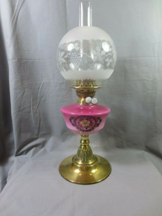 Antique Victorian Brass And Cranberry Glass Oil Lamp With Duplex Oil Lamp Shade