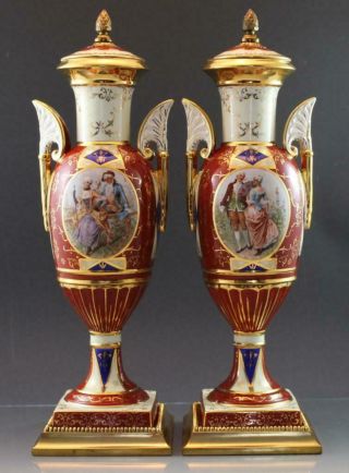 Pair Early 20c French Sevres Style Porcelain Urn Garnitures Handled Art Nouveau