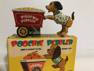 Vintage Poochie Peddler Mechanical Tin Wind Up Tin 1950s Japan W/box