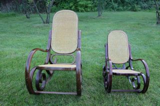 2 Vintage Bentwood Cane Rocker Dark Rocking Chair Thonet W/ Childs Rocker