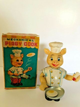 Vintage Yone Japan Mechanical Wind - Up Tin Piggy Cook