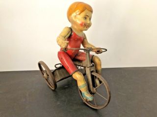 Marx Rare Antique1920’s Boy Riding Wind Up Tin Tricycle Wonder Bike - Large