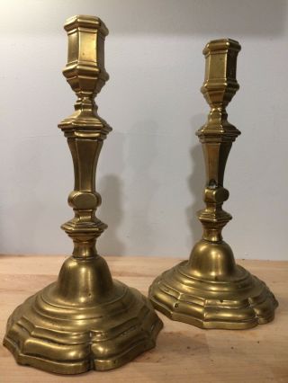 Antique Queen Anne Period Candlesticks Pair Brass 10