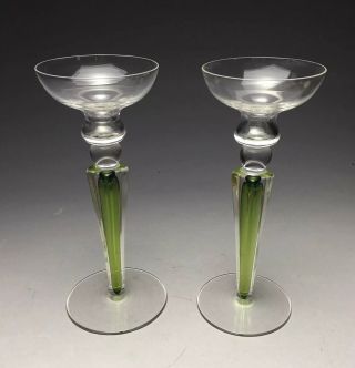 Pair Sommerso Val St.  Lambert Belgium Art Glass Modernist Candlesticks
