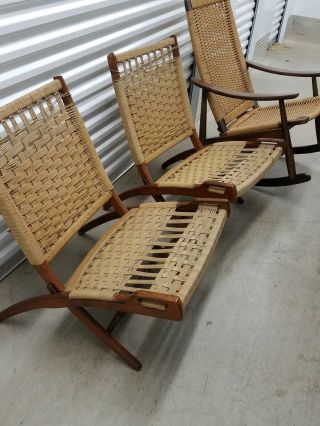 Pair Hans Wegner Style Mid Century Modern Folding Rope Chairs & Rope Rocker