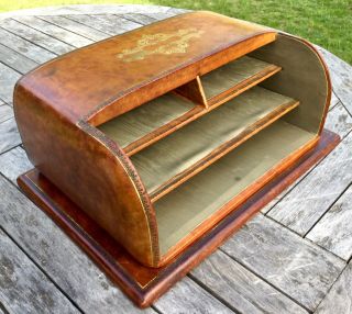 Large Handmade Leather Desk Caddy Letter Box Holder Mid Century Red Gilt Vintage