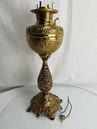 Antique Brass Oil Lamp Converted Kerosene Electric Bradley Hubbard Filigree 12