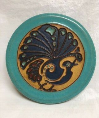 Arts & Crafts California Faience 5 3/8 " Peacock Round Art Pottery Tea Tile