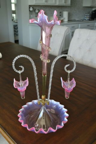 Antique Victorian Epergne With Trumpet Vases,  Cranberry Glass