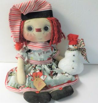 Primitive Hm Raggedy Ann Christmas In July Button Eye Doll " Maryann " Snowman