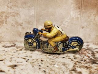 Vintage Schuco Litho Wind - Up Tin Toy Motorcycle Number 2 Rider
