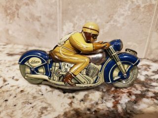 Vintage Schuco Litho Wind - up Tin Toy Motorcycle Number 2 Rider 3
