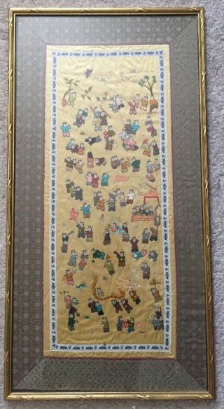 Vintage Antique Chinese Silk Picture Of One Hundred Children Framed