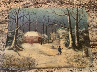 Wonderful 19th Century England Naïve Painting On Canvas Winter Scene