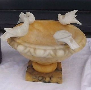 Antique Alabaster Bowl Jewelry Cup French " Vide Poche " Mid Century Birds Design