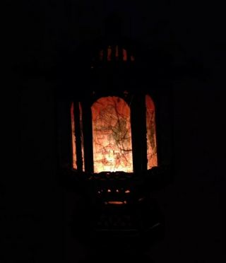 Antique JAPANESE Carved Wood Lamp w Light up Silk Panels TEMPLE OR PAGODA FORM 10