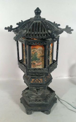 Antique Japanese Carved Wood Lamp W Light Up Silk Panels Temple Or Pagoda Form