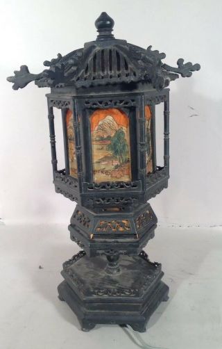 Antique JAPANESE Carved Wood Lamp w Light up Silk Panels TEMPLE OR PAGODA FORM 2