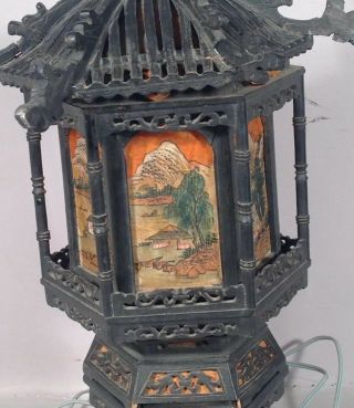 Antique JAPANESE Carved Wood Lamp w Light up Silk Panels TEMPLE OR PAGODA FORM 4