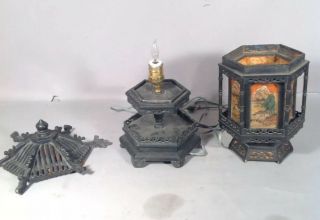 Antique JAPANESE Carved Wood Lamp w Light up Silk Panels TEMPLE OR PAGODA FORM 6