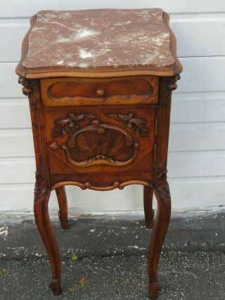 French Late 1800s Carved Tall Inlay Marble Top Nightstand Side End Table 9691