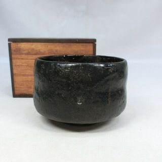 H651: Real Very Old Japanese Tea Bowl Of Kuro Raku Pottery With Great Taste.