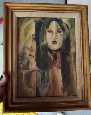 Vintage Mid Century Modern Oil Painting Cubist Abstract Modernist Portrait Woman 2