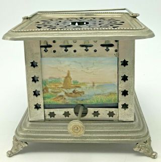 Antique Hand Painted Bisque Tile Lithophane Oil Lamp Tea Coffee Warmer Victorian 2