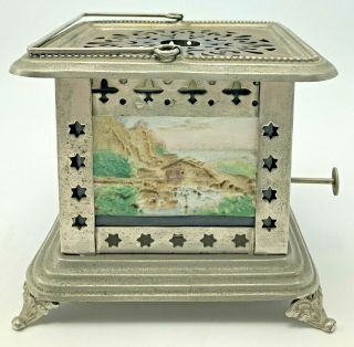 Antique Hand Painted Bisque Tile Lithophane Oil Lamp Tea Coffee Warmer Victorian 3