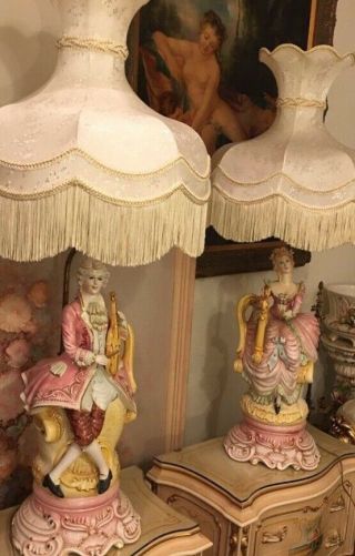 Huge Capodimonte Porcelain She & He Table Lamp Antique Italian 45” Italy