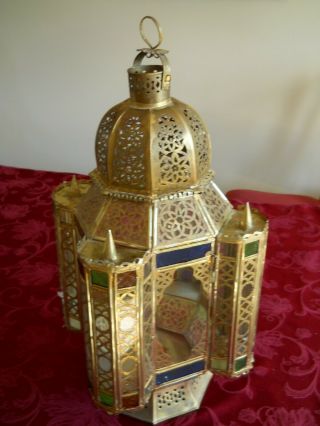 Antique Solid Brass Moroccan Filigree Candle Lantern With Stained Glass Inserts