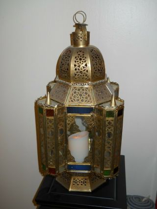 Antique Solid Brass Moroccan Filigree Candle Lantern with Stained Glass Inserts 2