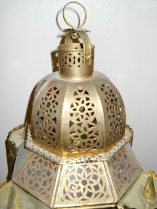 Antique Solid Brass Moroccan Filigree Candle Lantern with Stained Glass Inserts 3