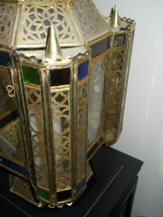 Antique Solid Brass Moroccan Filigree Candle Lantern with Stained Glass Inserts 4