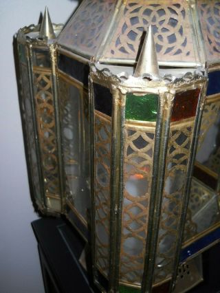 Antique Solid Brass Moroccan Filigree Candle Lantern with Stained Glass Inserts 5
