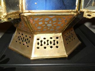Antique Solid Brass Moroccan Filigree Candle Lantern with Stained Glass Inserts 6