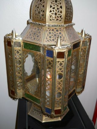 Antique Solid Brass Moroccan Filigree Candle Lantern with Stained Glass Inserts 7