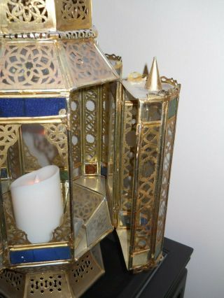 Antique Solid Brass Moroccan Filigree Candle Lantern with Stained Glass Inserts 8