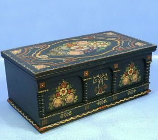 15 " Antique German Black Forest Wood Carving Box Hand Painted Flowers C1800s
