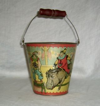 Antique Rare Embossed Circus Clowns,  Wild Boar & Donkey Tin Lithograph Sand Pail