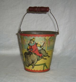 ANTIQUE RARE EMBOSSED CIRCUS CLOWNS,  WILD BOAR & DONKEY TIN LITHOGRAPH SAND PAIL 2