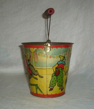 ANTIQUE RARE EMBOSSED CIRCUS CLOWNS,  WILD BOAR & DONKEY TIN LITHOGRAPH SAND PAIL 3