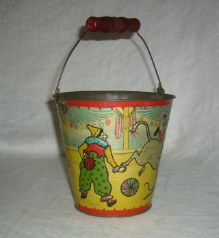 ANTIQUE RARE EMBOSSED CIRCUS CLOWNS,  WILD BOAR & DONKEY TIN LITHOGRAPH SAND PAIL 4