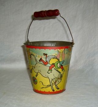 ANTIQUE RARE EMBOSSED CIRCUS CLOWNS,  WILD BOAR & DONKEY TIN LITHOGRAPH SAND PAIL 5