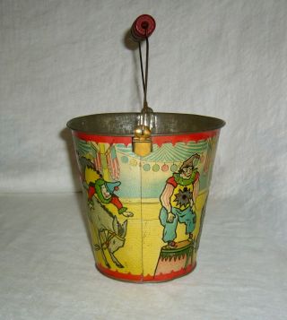 ANTIQUE RARE EMBOSSED CIRCUS CLOWNS,  WILD BOAR & DONKEY TIN LITHOGRAPH SAND PAIL 6